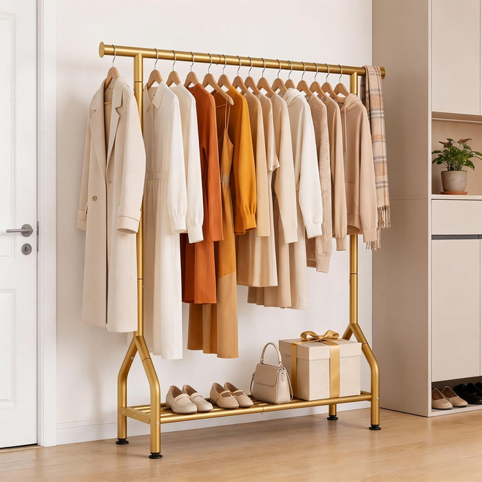 EAGMAK Sturdy Clothing Racks with Shelf, Metal Clothes Rack with Leveling Feet for Hanging Clothes, Freestanding Garment Coat Rack for Bedroom, Apartment & Small Spaces, Gold
