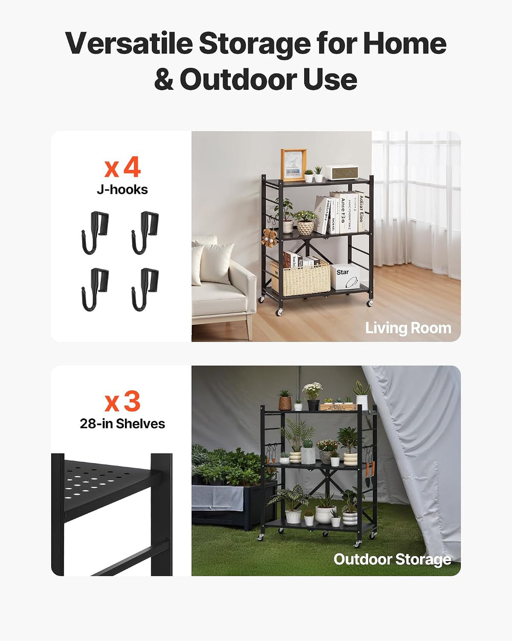 VEVOR 3-Tier Foldable Storage Shelf, 28W x 13D x 36H Inch Folding Metal Rack ...