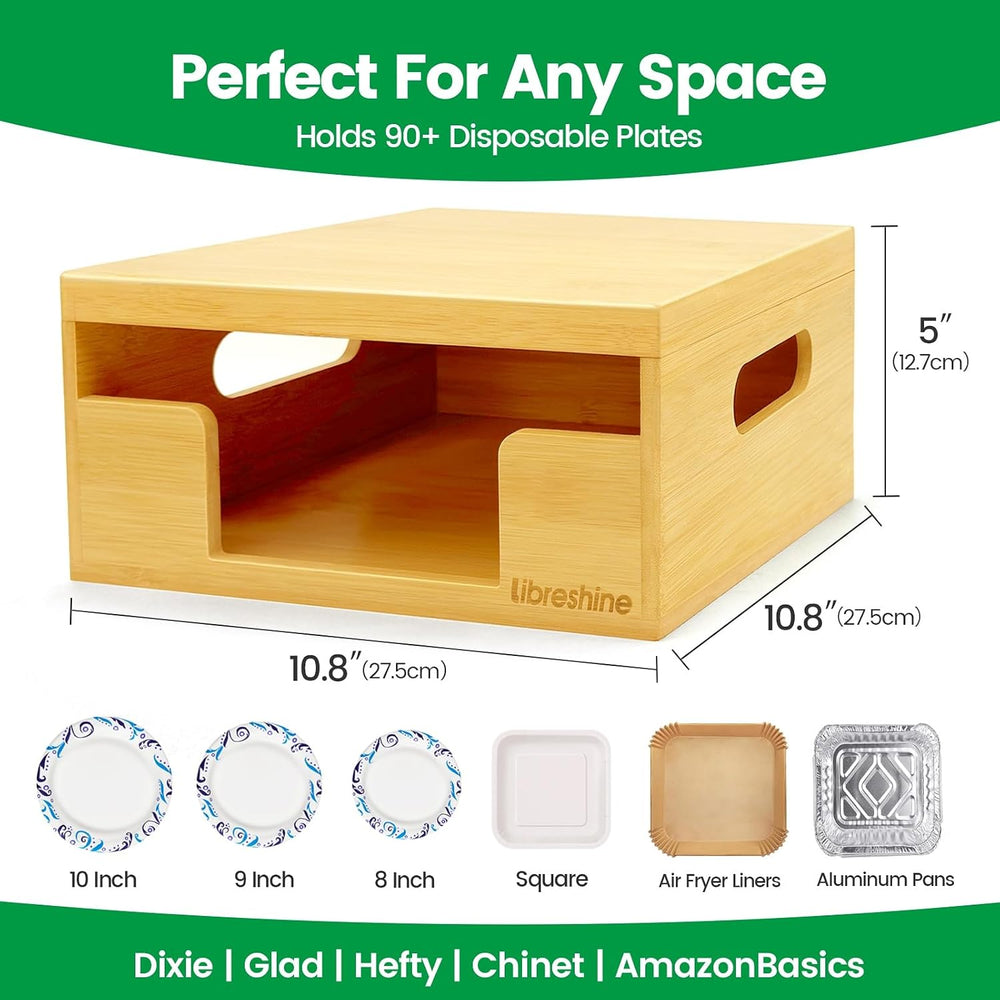 Bamboo Paper Plate Dispenser with Lid, Fits 8.5-10 Inch Plates