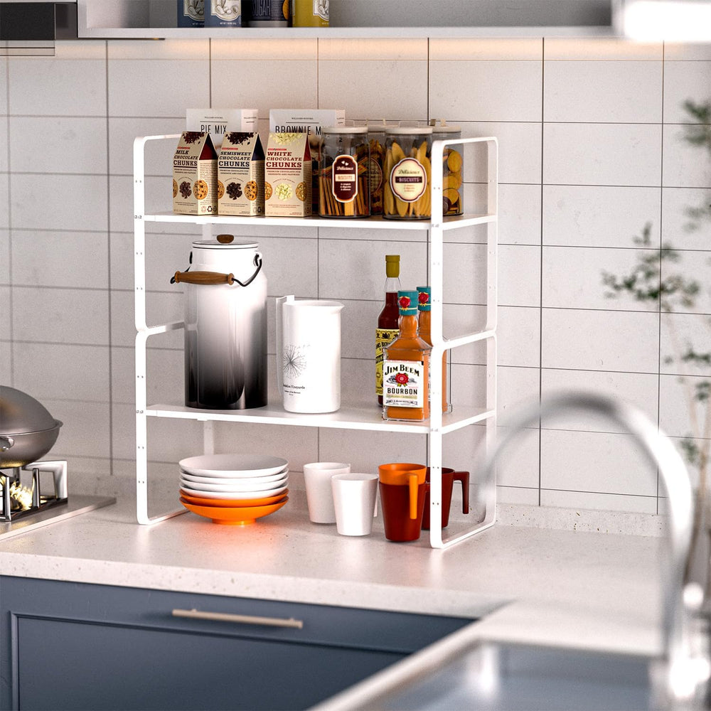 Expandable Kitchen Cabinet Shelf Organizers 2 Pack, Stackable Metal Pantry St...