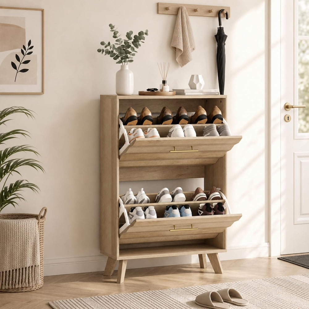 Semiocthome 23.6" Slim Shoe Storage Cabinet with 2 Flip Drawers, Oak