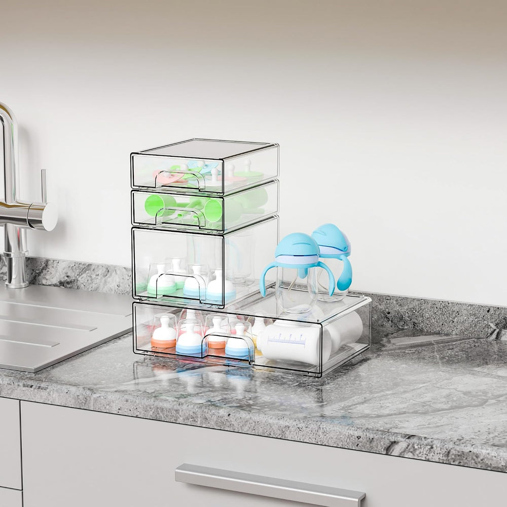4 Pack Clear Stackable Storage Drawers,Pull-Out Medicine Cabinet Organizer an...