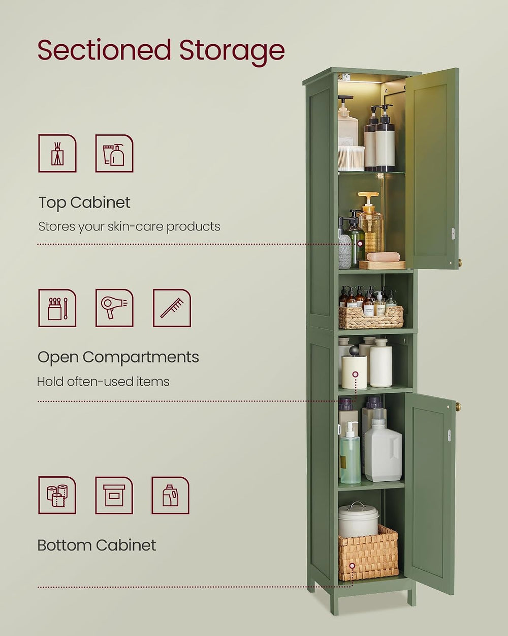 VASAGLE Tall Storage Cabinet with Lights, Slim, 11.8" W, Forest Green