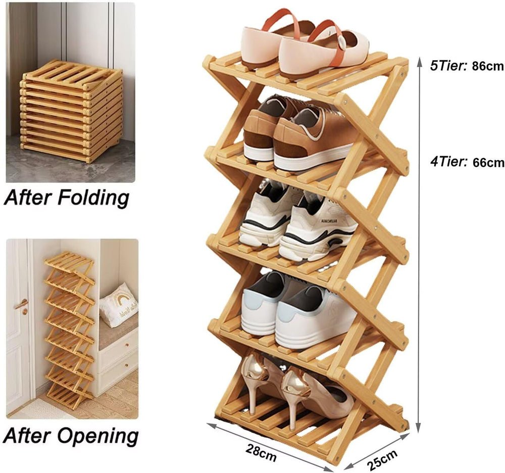 Vertical Shoe Rack Folding 5 Tier, Narrow Shoe Storage Rack, Bamboo Shoe Shel...