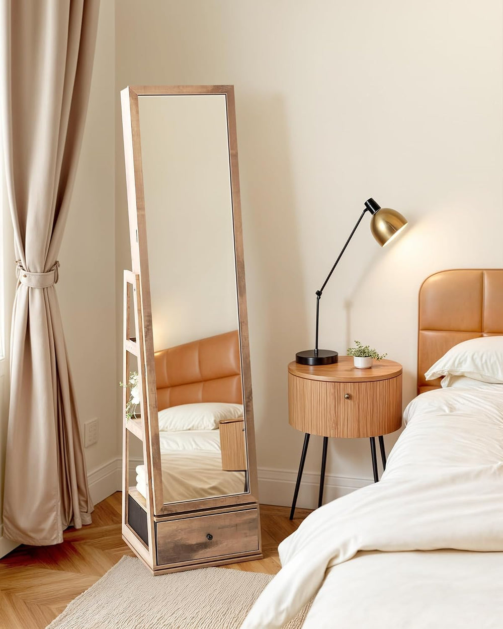 Nicetree 360° Swivel Jewelry Cabinet with Lights, Full Length Mirror, Oak