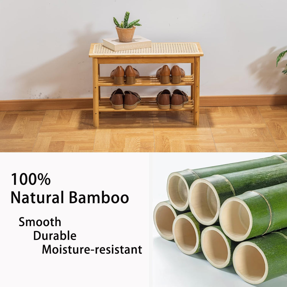 latifolia Shoe Rack Bench, 3-Tier Bamboo Shoe Bench with Breathable Rattan Se...