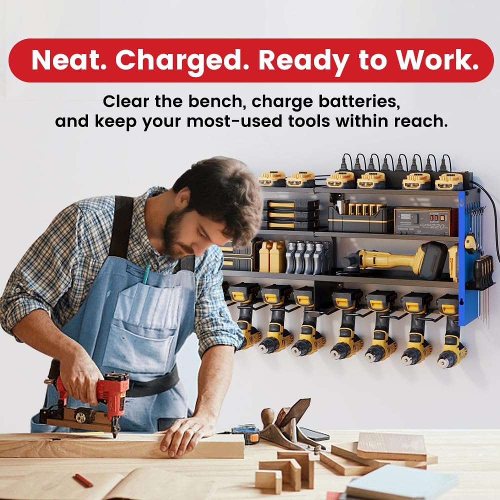 53" Power Tool Organizer Wall Mount with Power Strip, 4 Layers