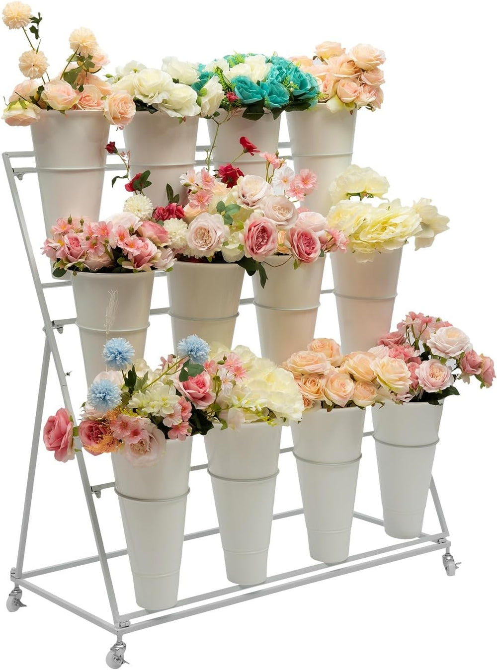 Flower Display Stand with Buckets, 3-Layer Rolling Flower Plant Cart Stand, M...