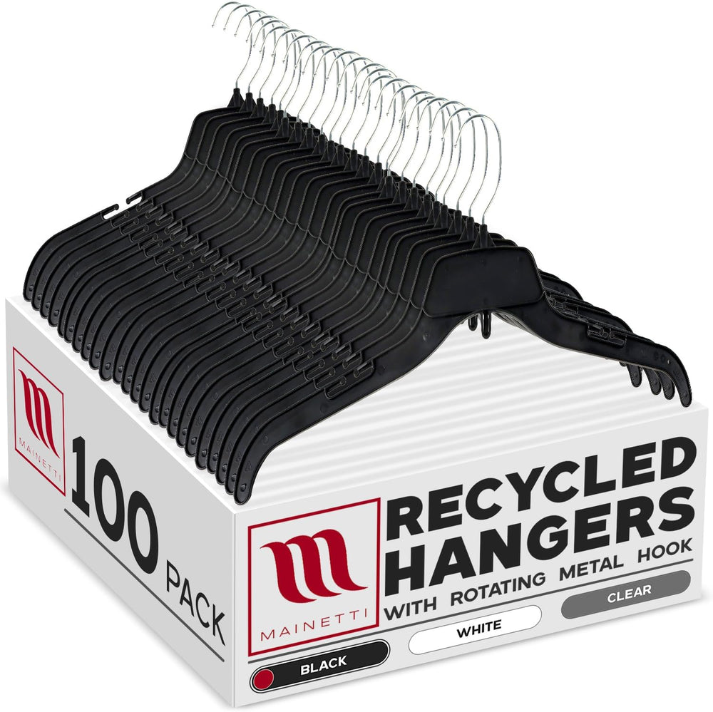 Mainetti 17in Black Plastic Shirt Hangers with Rotating Hook (100 Pack)