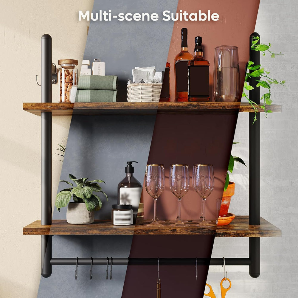 Bestier 24" 2 Tier Industrial Pipe Wall Shelf with 8 Hooks, Rustic Brown