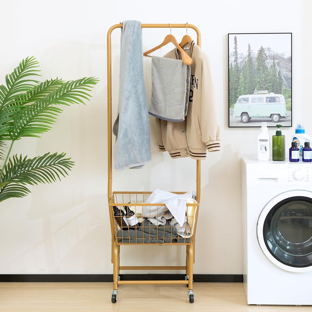 ALIMORDEN Rolling Laundry Cart with Hanging Rack & Metal Basket, Gold