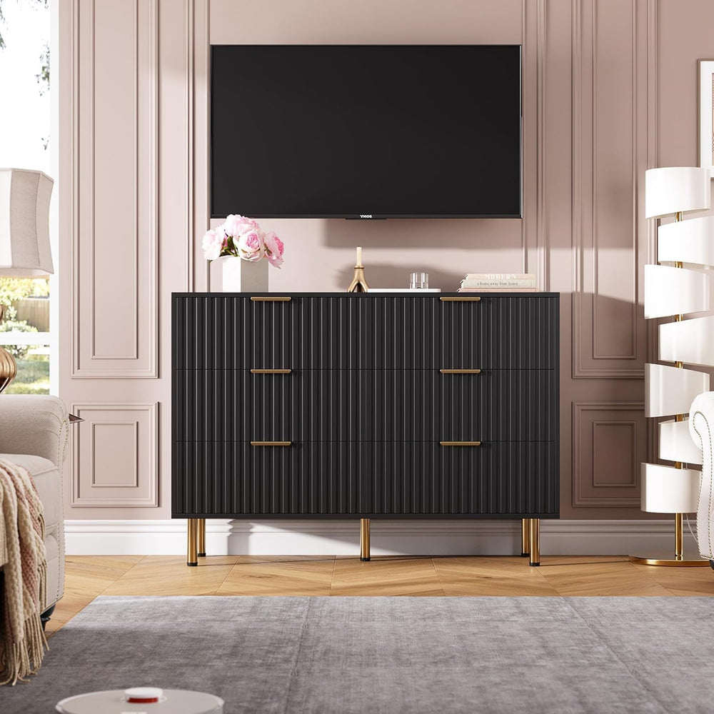 GarveeHome 47.2" Fluted Black 6 Drawer Dresser for Bedroom with Deep Drawer