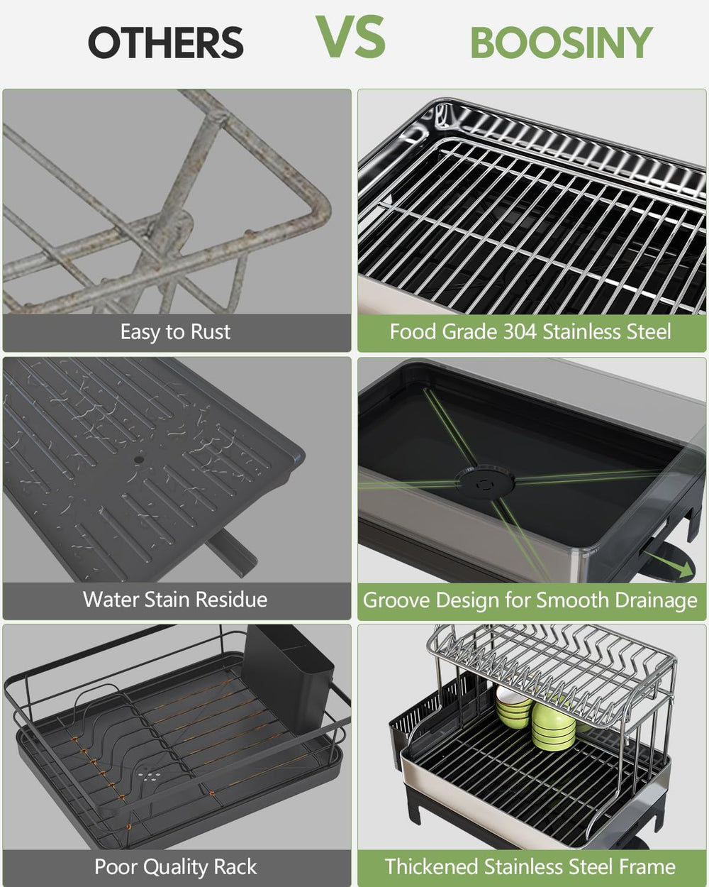 BOOSINY 2 Tier Large Stainless Steel Dish Drying Rack with Drain Board