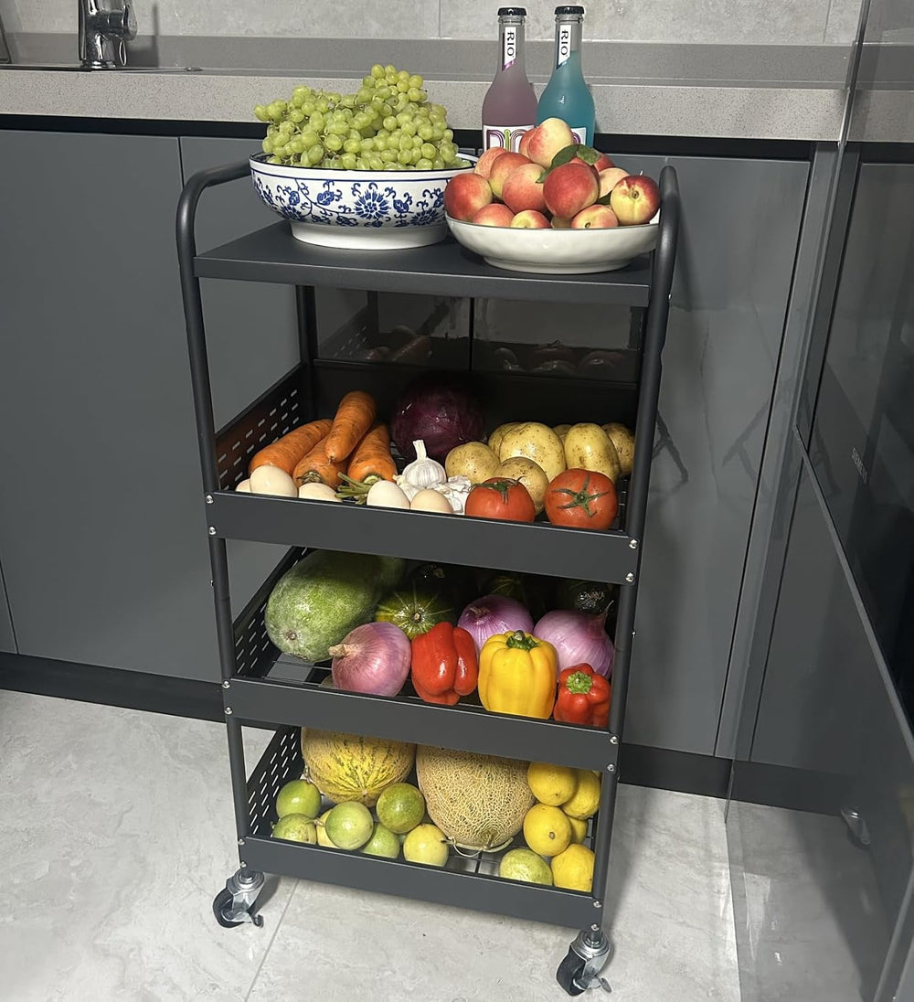 4 Tier Rolling Metal Storage Cart Heavy Duty Kitchen Utility Black