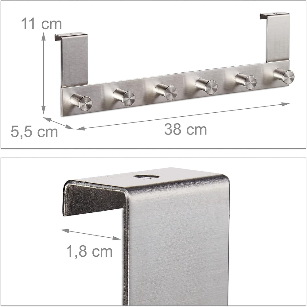 Relaxdays Stainless Steel Coat, 6, Blunt 4 cm, Door Hook Rail for Hanging, Si...