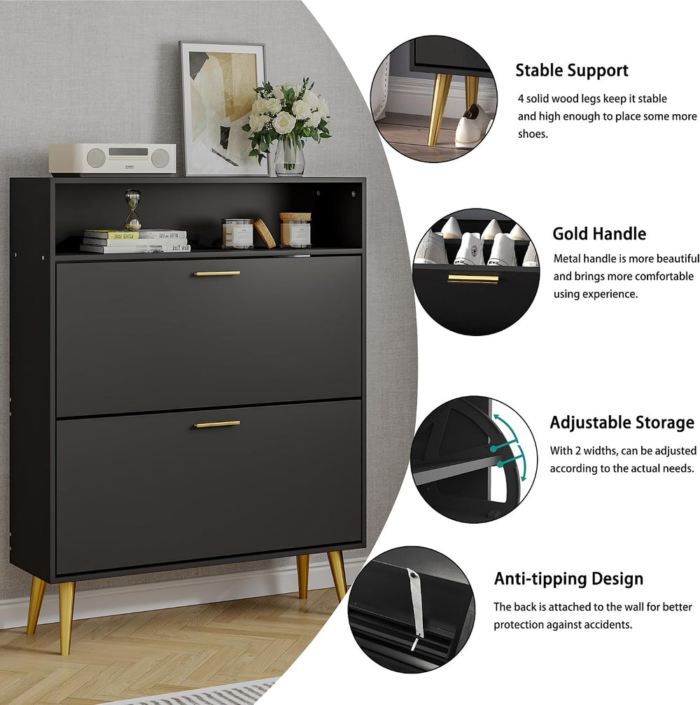 JOZZBY Shoe Storage Cabinet with 2 Flip Drawers and Open Shelves, Black丨Hidde...