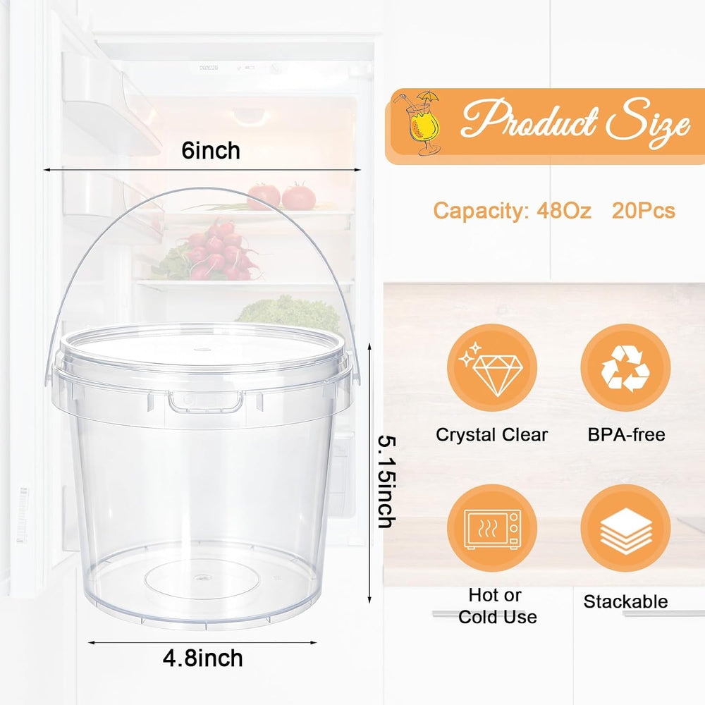 20 Pack 50 oz Clear Buckets with Lids and Handle Food Frade Plastic Bucket