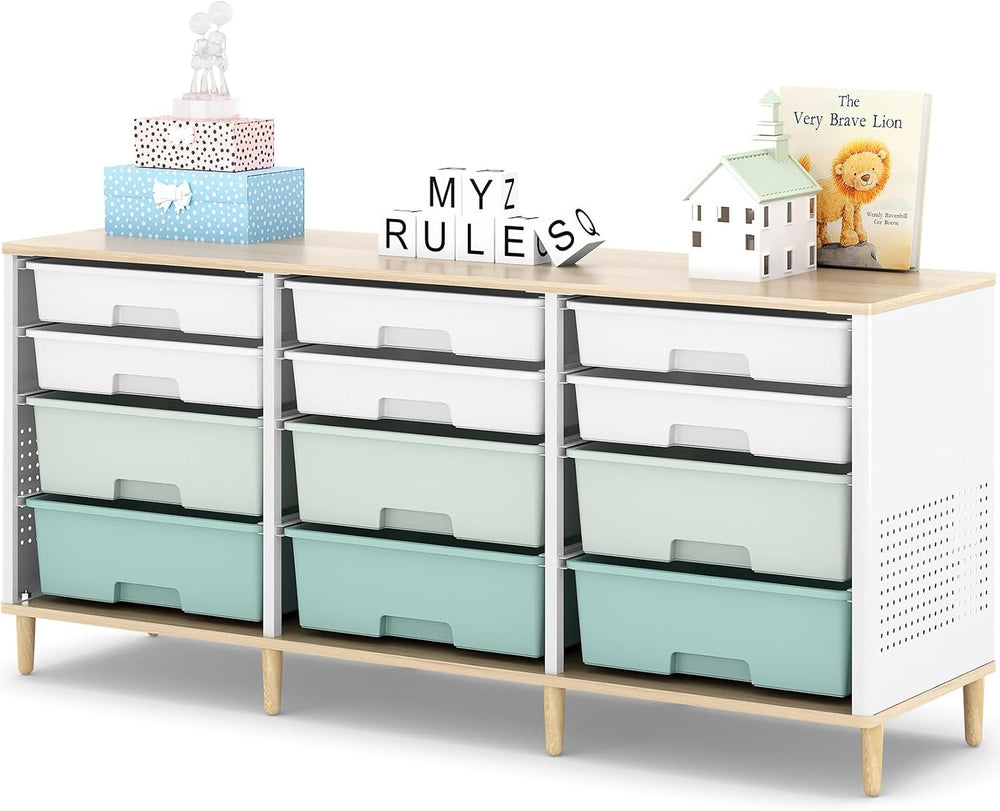 TOOLF 12 Drawers Storage Cabinet with Wooden Top and Plastic Bins,Green