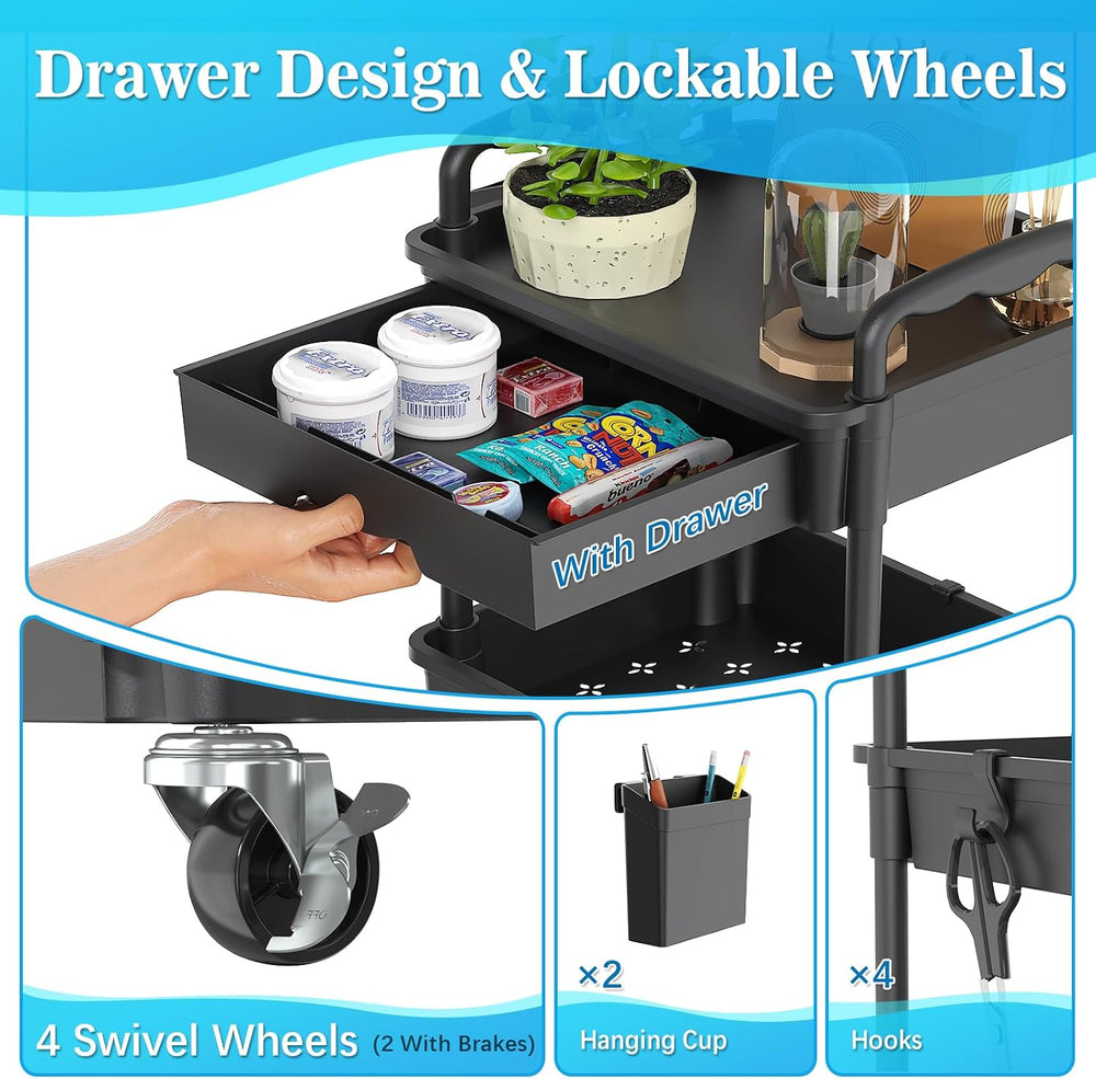 SUNALLY 4 Tier Rolling Cart with Drawer, Craft Storage Cart Organizer,Black