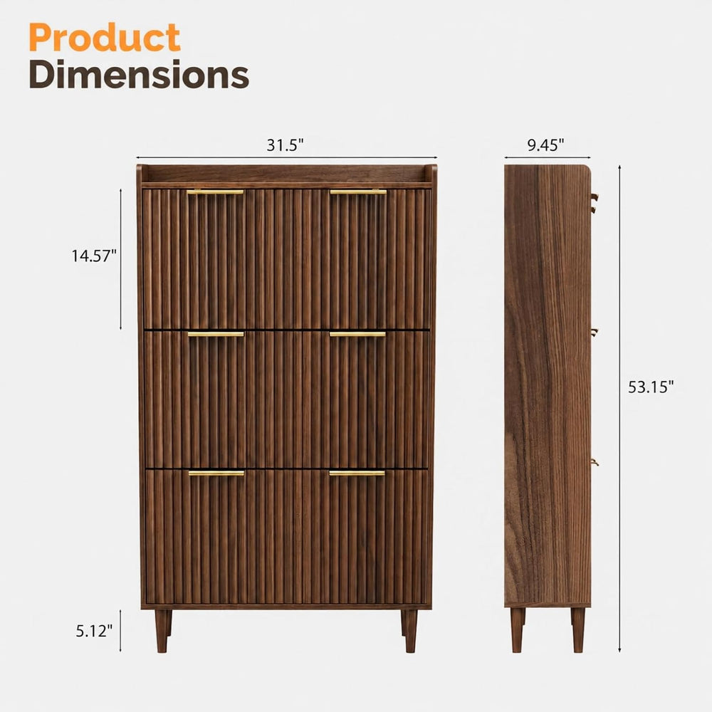 VINGLI Fluted Shoe Storage Cabinet for Entryway with 3 Flip Drawers, Narrow S...