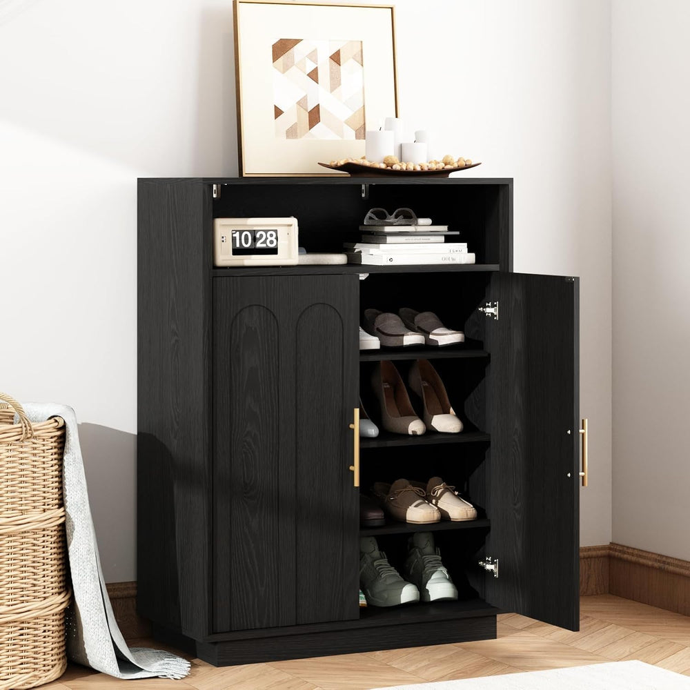 Set of 2 Shoe Cabinet with Arched Doors, 43" Hidden Storage, Black