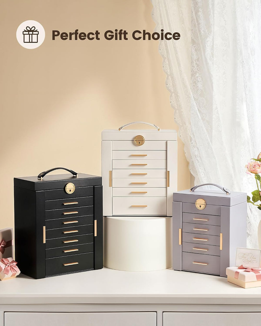 Lolalet Large Jewelry Box, 6-Layer Jewelry Organizer with 5 Drawers -Beige