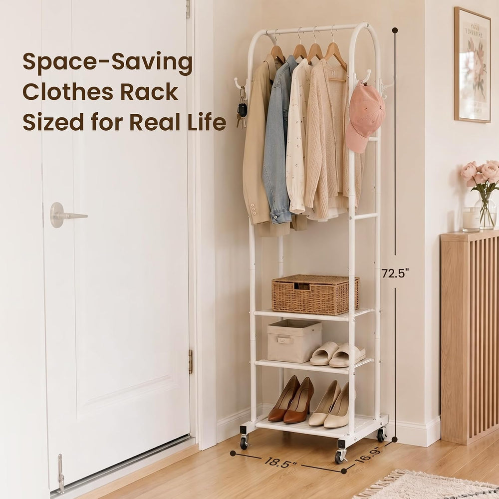 Cesun Small Clothes Rack with 3-Tier Mesh Shelves & 8 Hooks, White