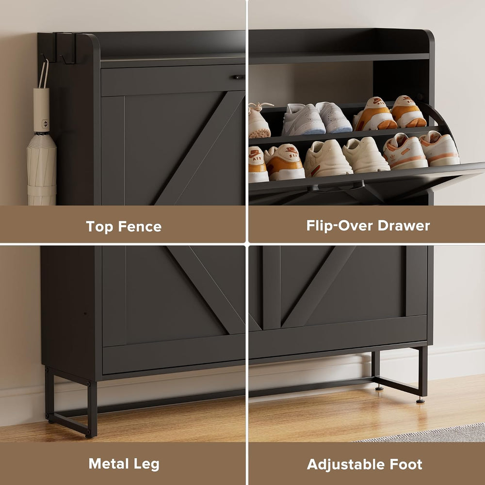 EOYUTLLY Shoe Cabinet for Entryway with 2 Flip Drawers,Narrow Wooden Shoe Sto...