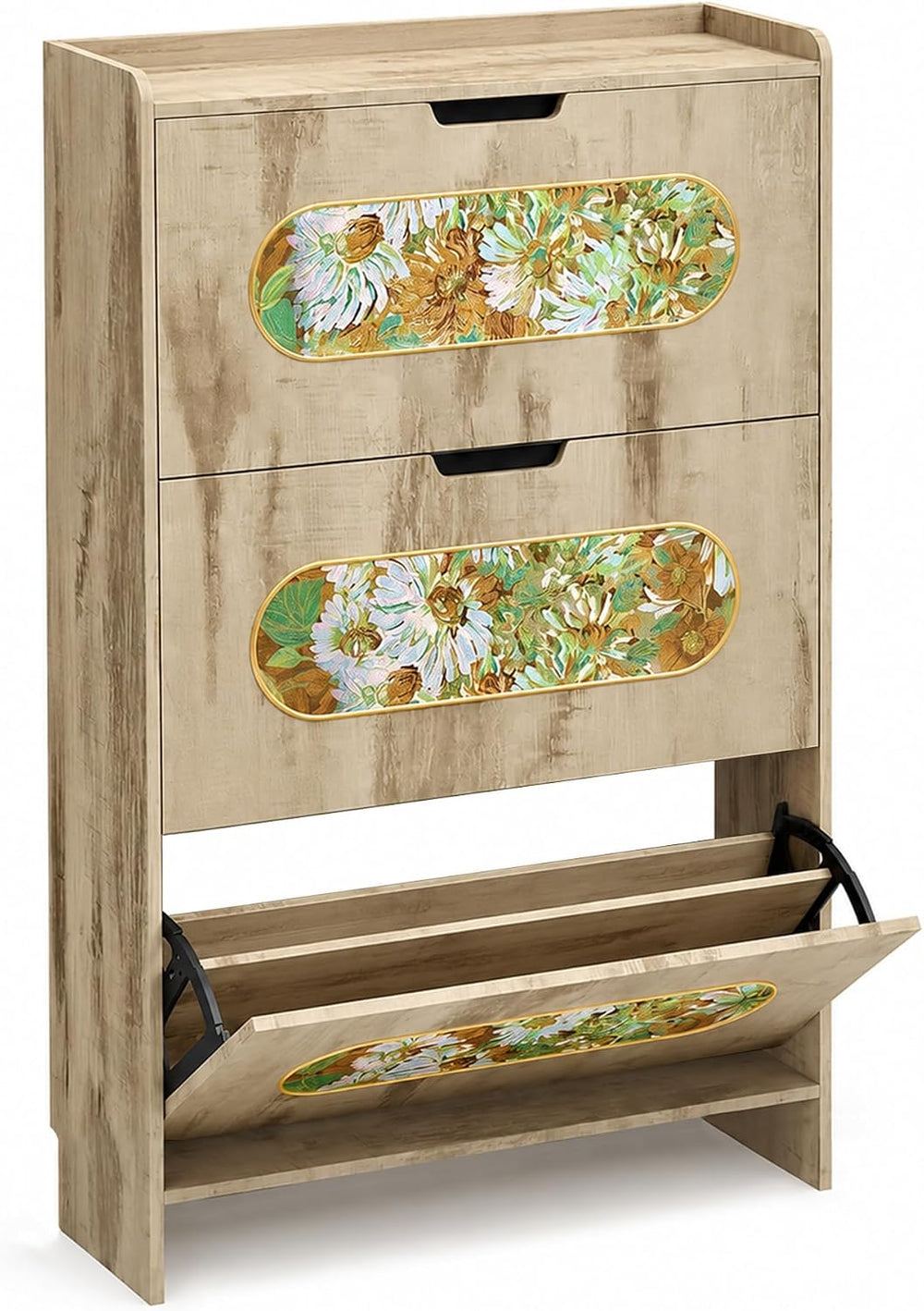 Shoe Cabinet with 3 Flip Drawers and Floral Fabric Panels, Light Oak