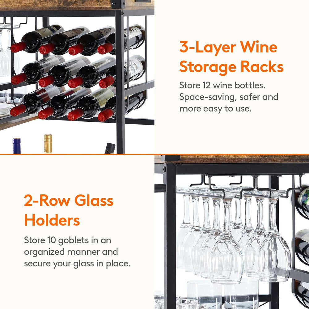 Lifewit 3 Tier Bar Cart with 12 Wine Racks, Serving Trolley, Rustic Brown