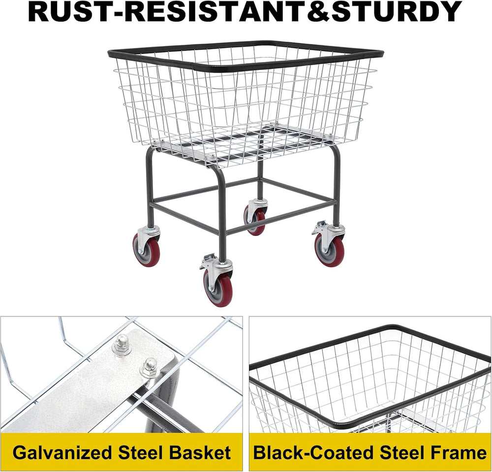 135L Wire Laundry Cart with Wheels - Heavy Duty Commercial Rolling Basket