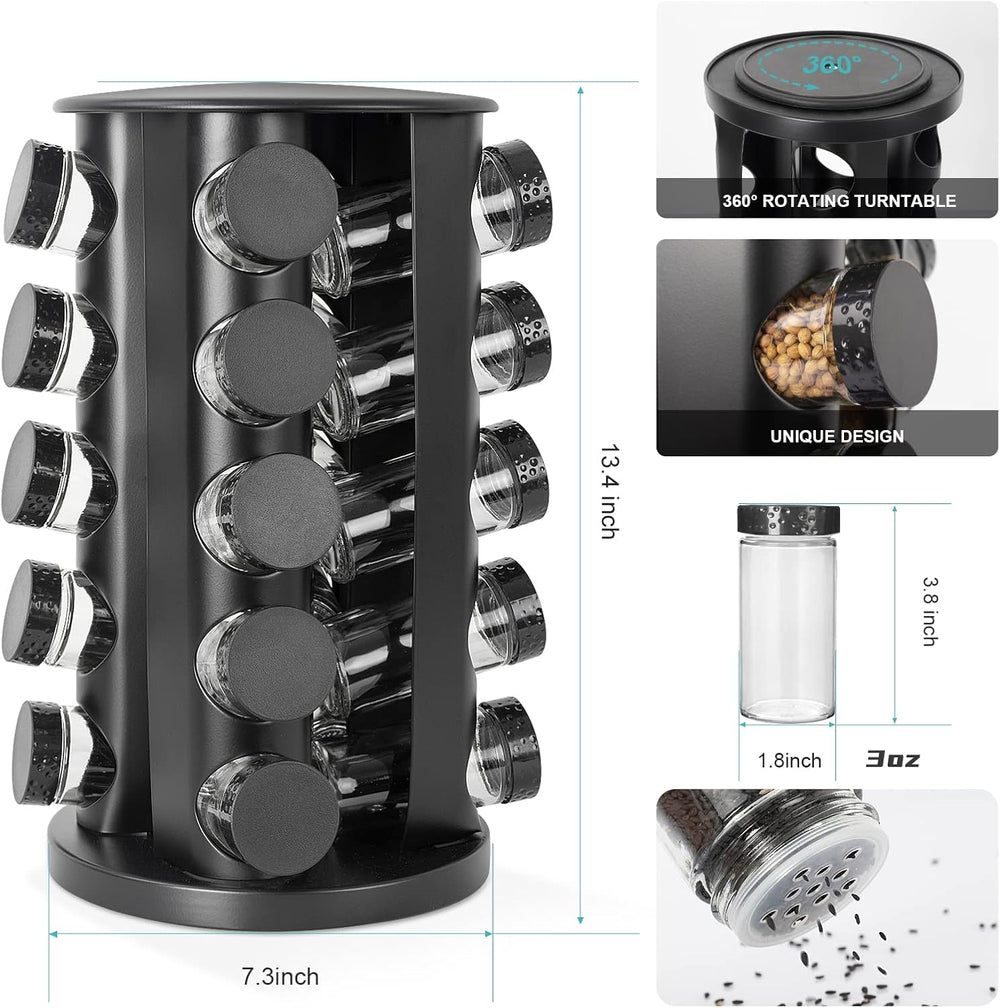 Tianifa Black Countertop Rotating Spice Rack, Round Empty 20-Jars Revolving S...