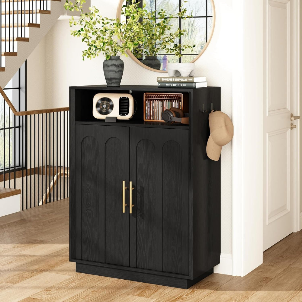 Set of 2 Shoe Cabinet with Arched Doors, 43" Hidden Storage, Black
