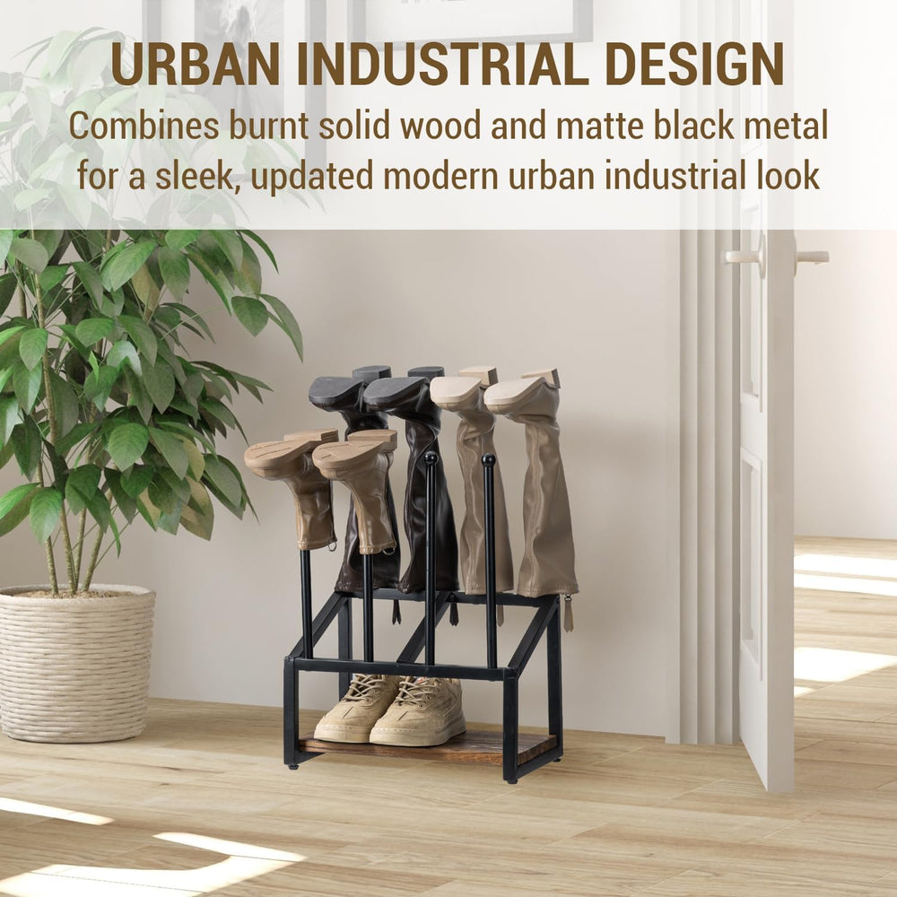 MyGift Industrial Metal & Burnt Wood 4-Pair Boot Rack with Shoe Shelf - F...