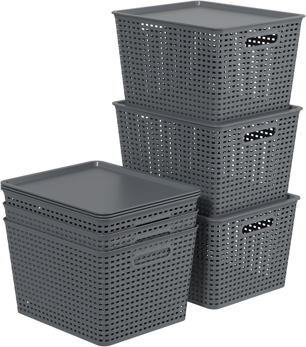 6 Packs Large Plastic Storage Basket Bin with Lid, Tall