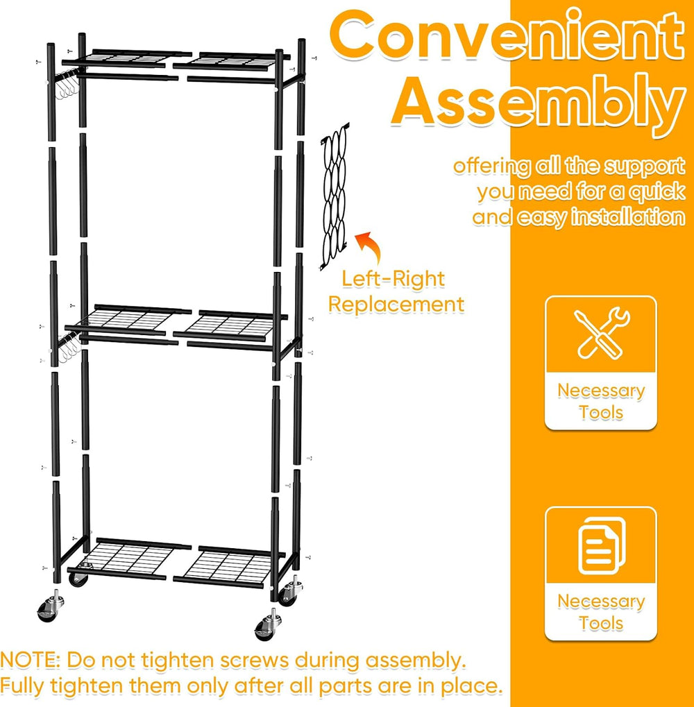 Aduanbang Heavy Duty Rolling Clothes Rack, 3 Tier Wire Shelving, Metal Garmen...