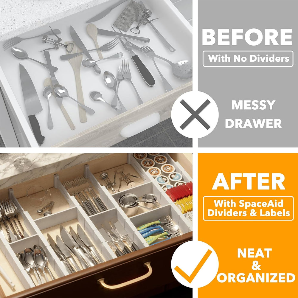 SpaceAid Bamboo Drawer Dividers with Inserts and Labels, Kitchen Adjustable D...