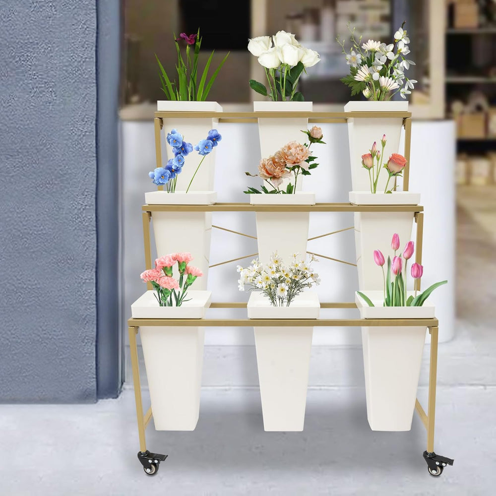 Flower Display Stand, Flower Stand Shelf w/Plastic Buckets & Moving Plant...