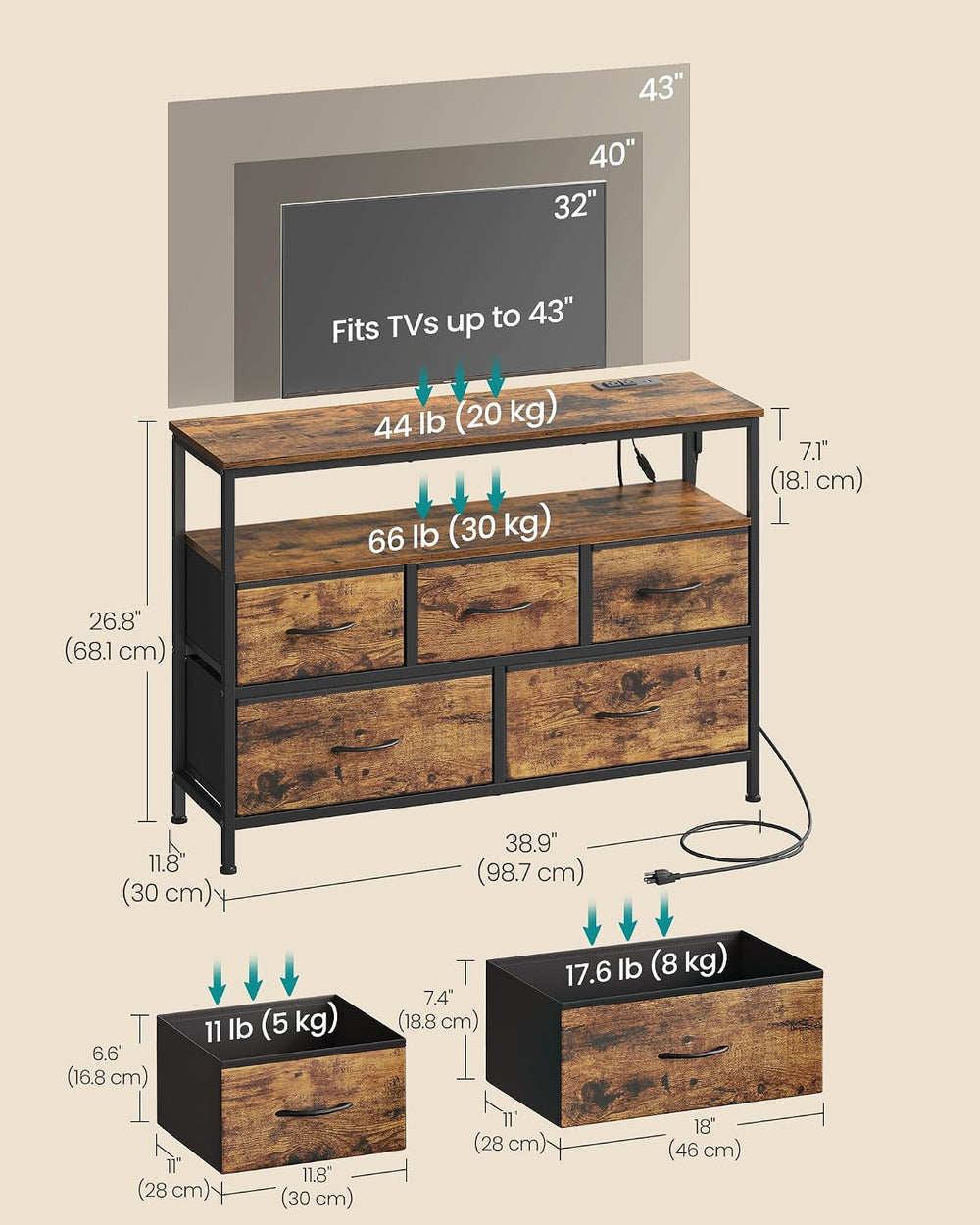 SONGMICS Dresser with App-Controlled LED Lights, 5 Fabric Drawers Dresser