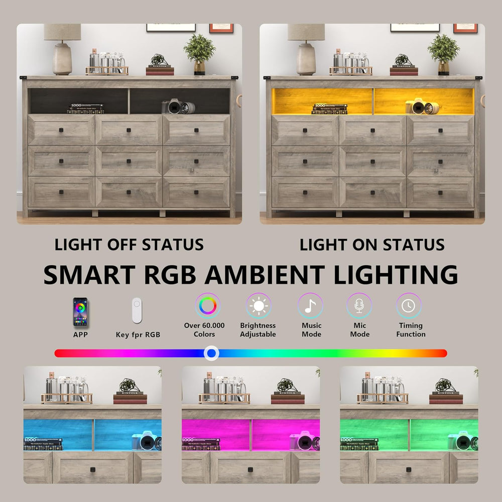 Xixini Dresser for Bedroom with 9 Drawers, LED Lights, Power Outlet, Grey