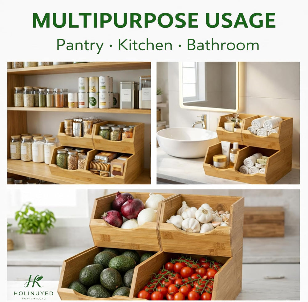Bamboo Pantry Storage Bins Set of 3, Stackable Potato and Onion Storage Bin, ...