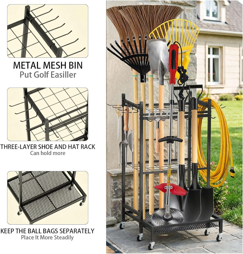 Garden Tool Organizer Rack with Wheels Up to 30-35 Tools, Heavy-Duty Steel Ya...