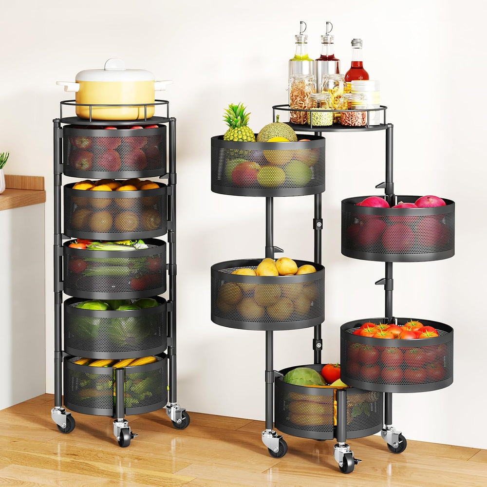 SAYZH 5 Tier Fruit Vegetable Basket Stand for Kitchen, Rotating, Black