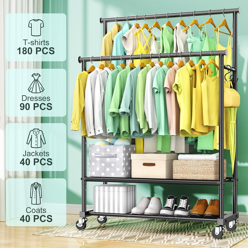 Double Rods Clothes Rack for Hanging Clothes, Heavy Duty Rolling Clothing Rac...