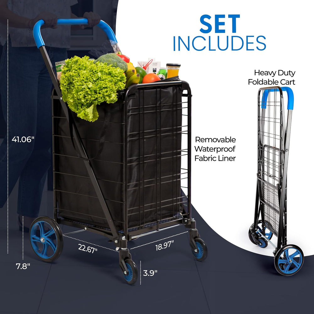 SereneLife Large Folding Utility Shopping Cart with Removable Liner – Heavy D...