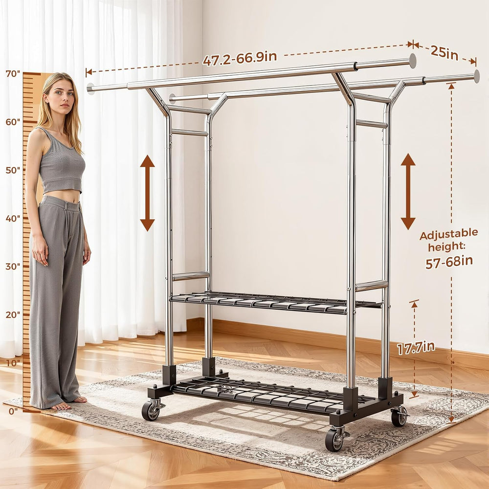 Luxspire Double Rod Clothing Racks for Hanging Clothes Load 650 LBS, Silver
