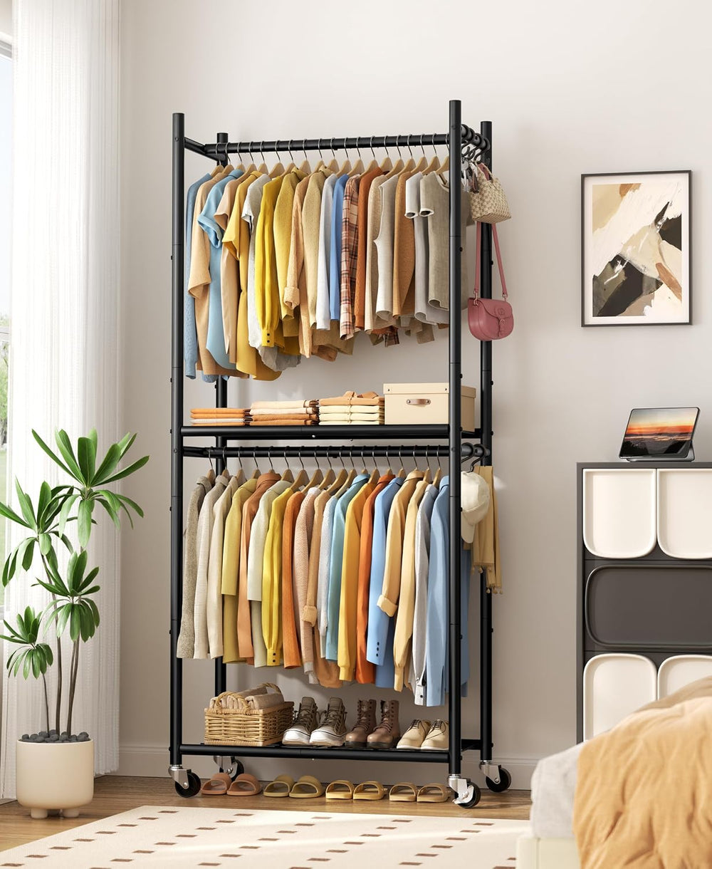 HOMIDEC Clothes Rack,79.7" Double-Tier Clothing Rack with Shelves&Wh...