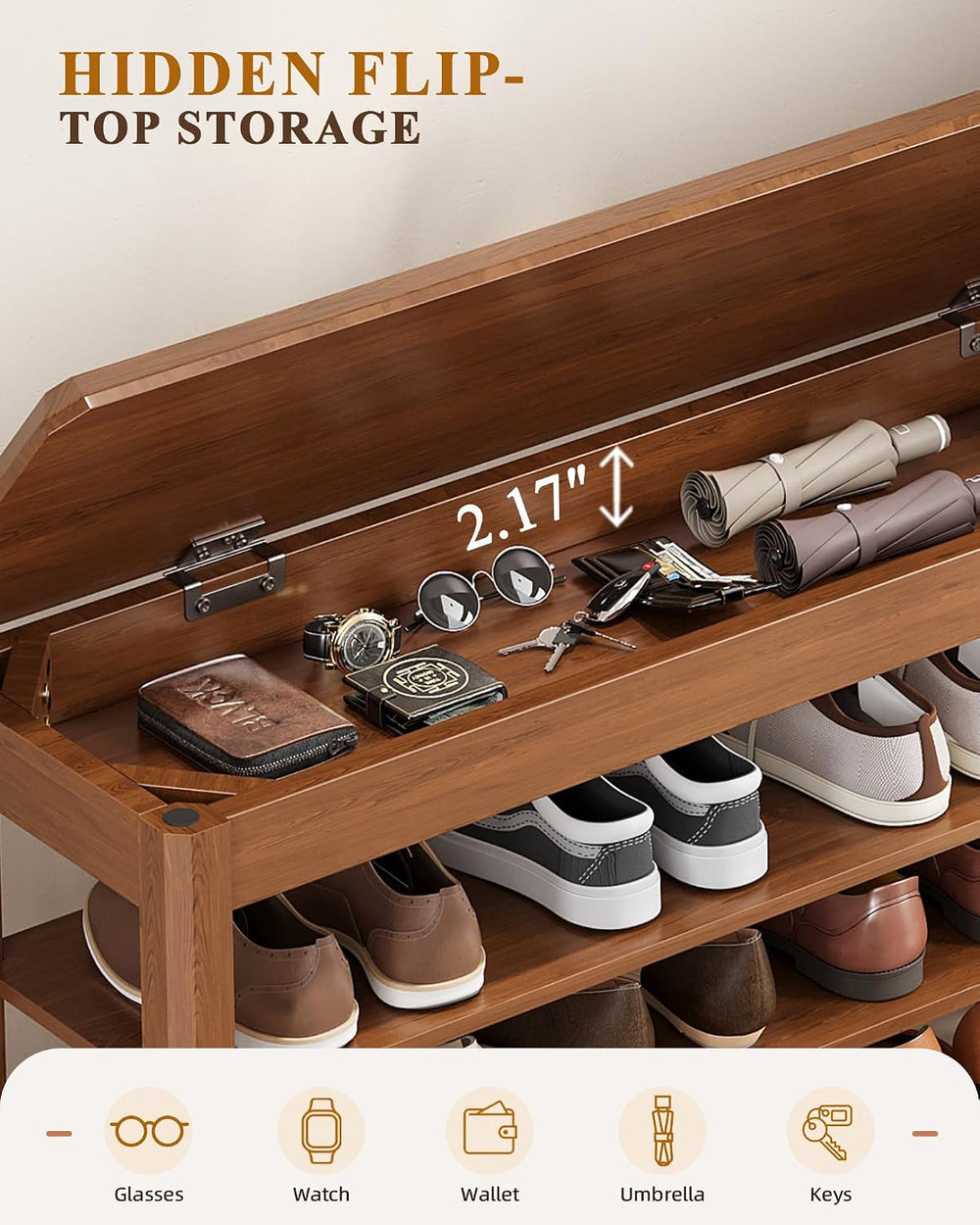 IUNVR Shoe Rack Bench Seat Rubberwood 3-Tier Wooden Storage Bench 550lbs Comp...