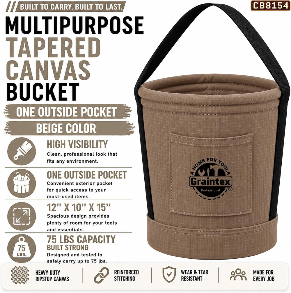 Graintex Tapered Canvas Bucket 12"x10"x15", Utility Tool Bucke...