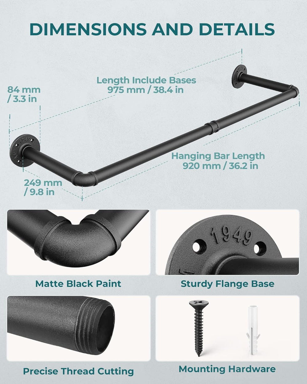 OROPY 38.4" Industrial Pipe Clothes Rack Wall Mounted, Heavy Duty, 2 Pack